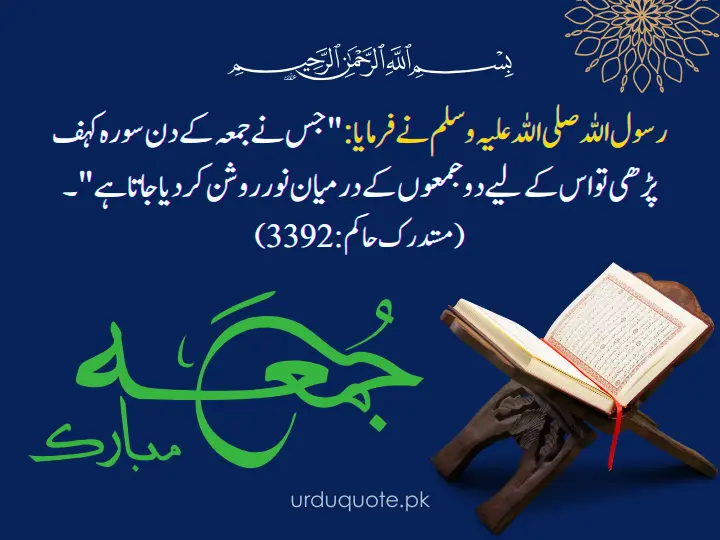 Jumma Mubarak hadith image about the reward of reciting Surah Kahf on Friday