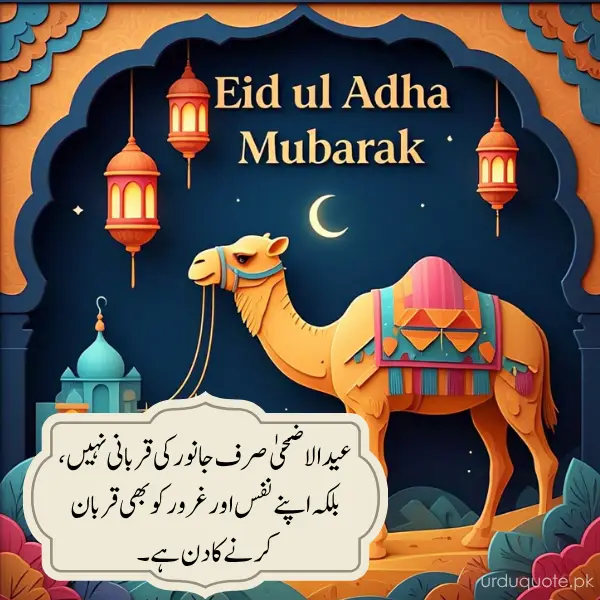 Eid ul Adha Mubarak with camel in decorative arch and Urdu quote