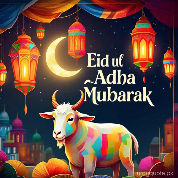 Eid ul Adha Mubarak with multicolored goat and decorative lanterns