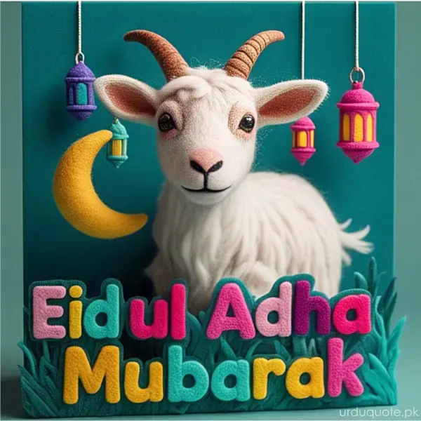 Eid ul Adha Mubarak with adorable white goat and colorful hanging lanterns