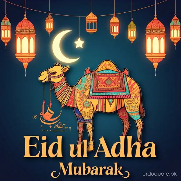 Eid ul Adha Mubarak with ornately decorated camel and lantern chain