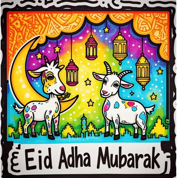 Eid Adha Mubarak in folk art style with two decorated goats