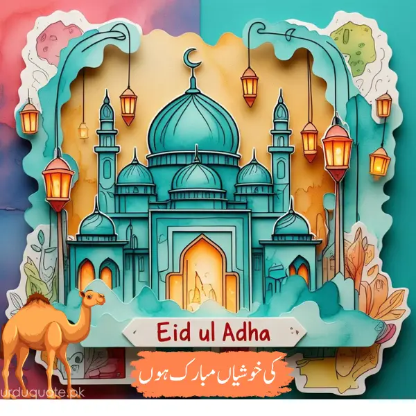 Eid ul Adha greeting with mosque, camel, and scenic landscape design