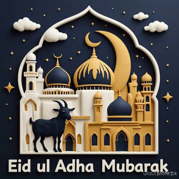 Eid ul Adha Mubarak in white paper art style with goat and mosque
