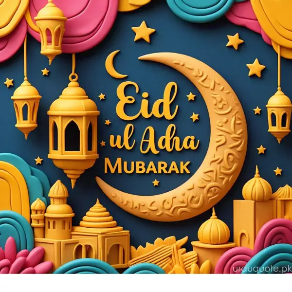 Eid ul Adha Mubarak paper cut design with mosque and hanging lanterns