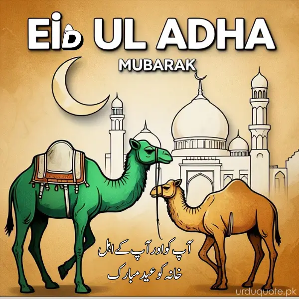 Eid ul Adha Mubarak with two camels and mosque in vintage style