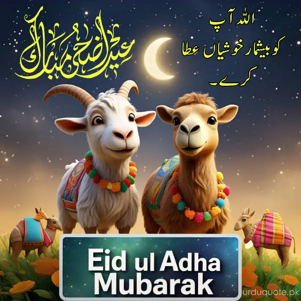 Eid ul Adha Mubarak with two decorated goats under crescent moon
