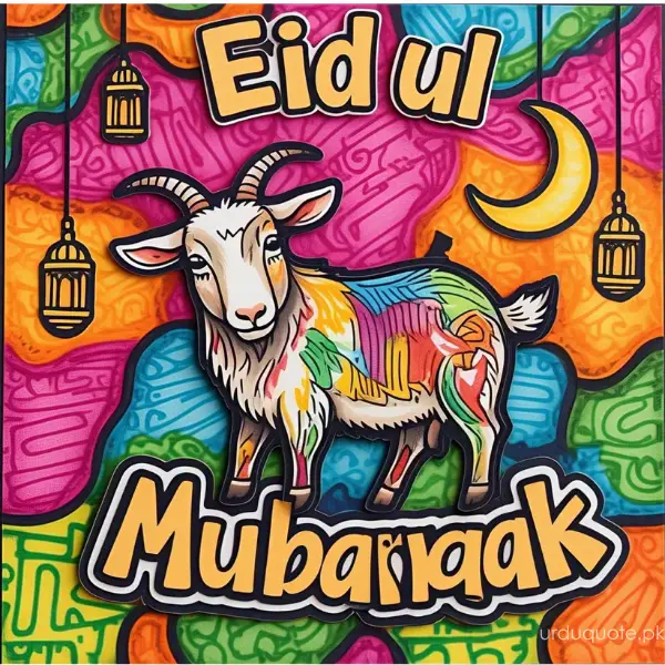 Eid ul Adha Mubarak in vibrant graffiti style with colorful goat