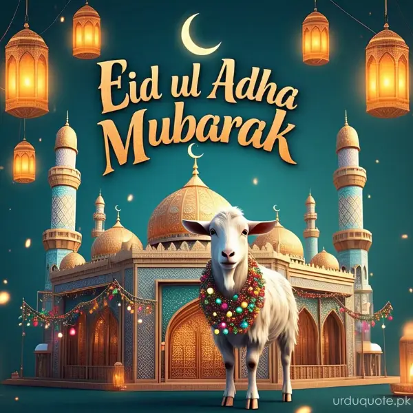 Eid ul Adha Mubarak with white goat in front of illuminated mosque