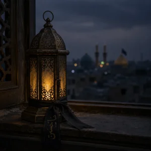 Brass lantern with black ribbon Muharram remembrance DP