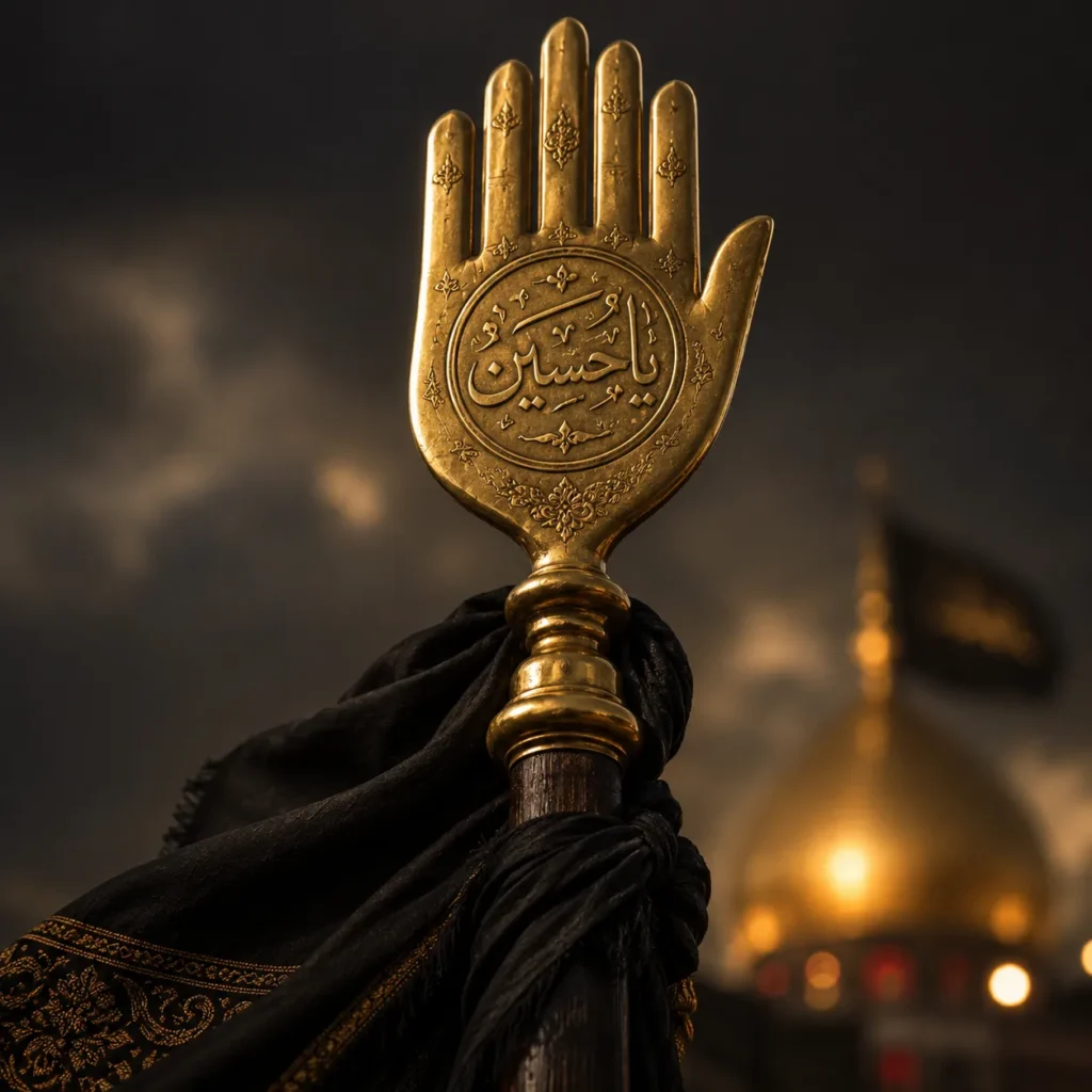 A close-up of a golden Alam symbol with a black cloth wrapper for Muharram profile picture.