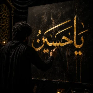 Back view of an artist writing Ya Hussain in glowing golden ink on a large black canvas.