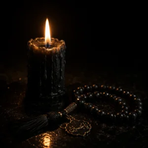 A single burning candle next to a black Islamic Tasbih on Ashura night representing remembrance.