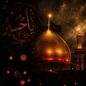 An artistic digital illustration of the glowing golden dome of Imam Hussain shrine surrounded by dark shadows.