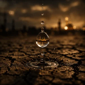 A high speed macro shot of a water drop falling onto cracked desert ground symbolizing the thirst of Karbala.