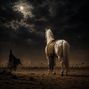 A solitary white horse with a golden saddle standing in the desert under a dark stormy night sky.